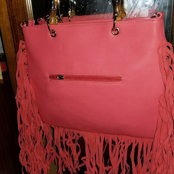 Pink Purse with Sued Like Fringes - Picture 3 of 4